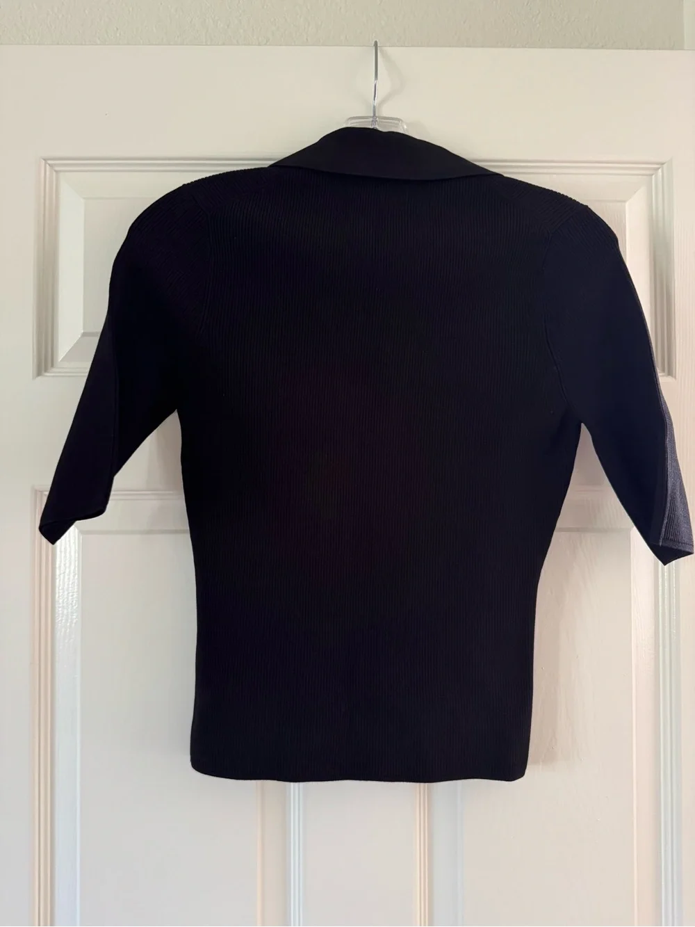 Veronica Beard Black Ribbed Collared Knit Top